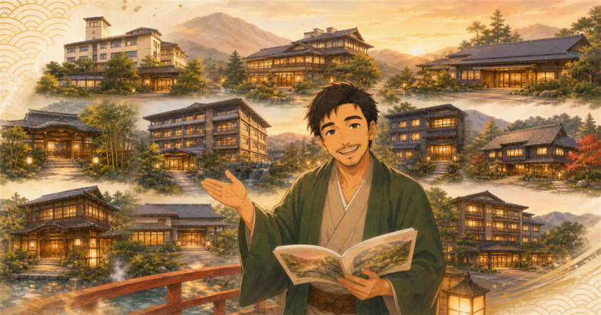 かみのやま温泉のおすすめ宿9選を案内する喜三郎のイラスト