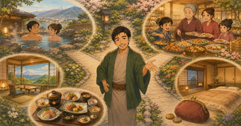 カップル・家族・料理・絶景・コスパから温泉宿を選ぶイラスト